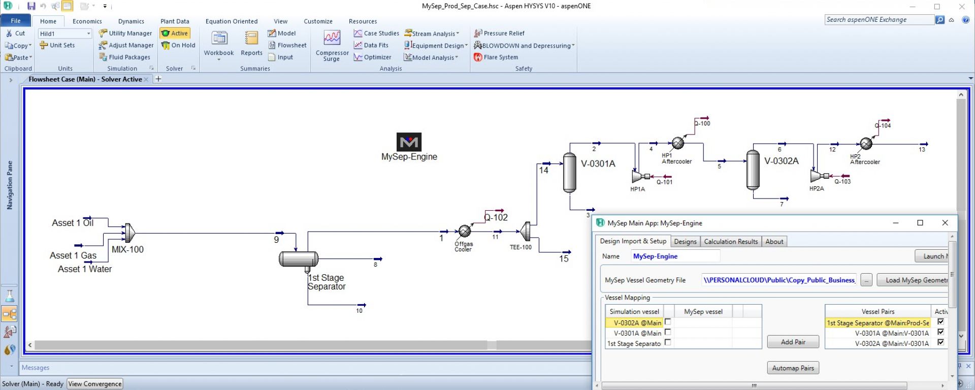 HYSYS Flowsheet with Separators and MySep Engine